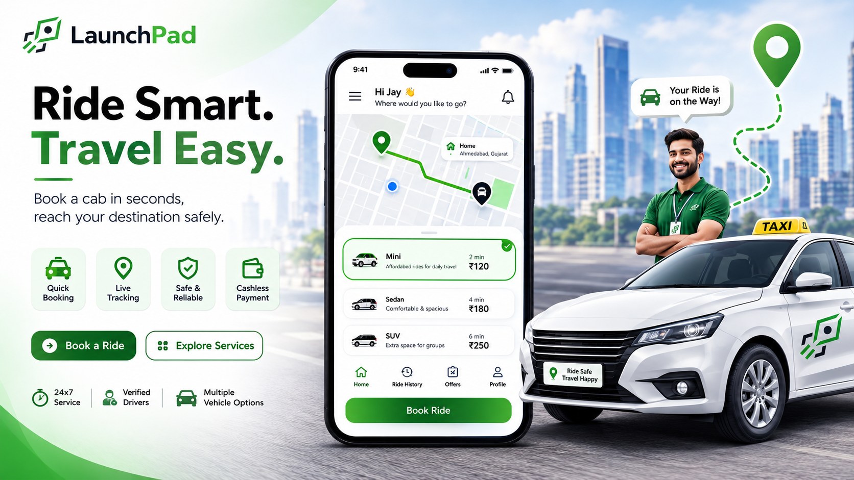 LaunchPad Taxi Booking Platform app preview